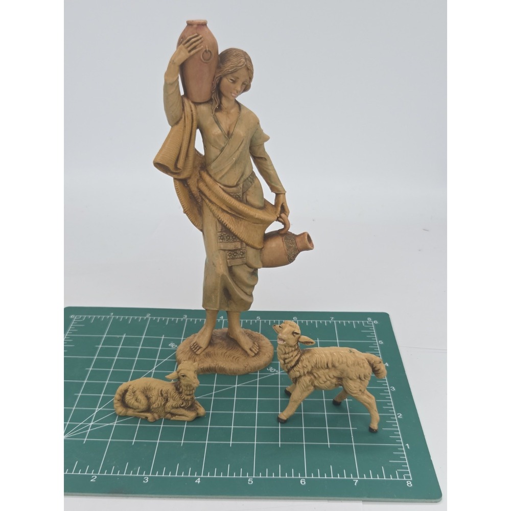 Vtg 1983 Depose Italy Fontanini #345 Woman Holding Water Jugs Figurine + 2 Sheep